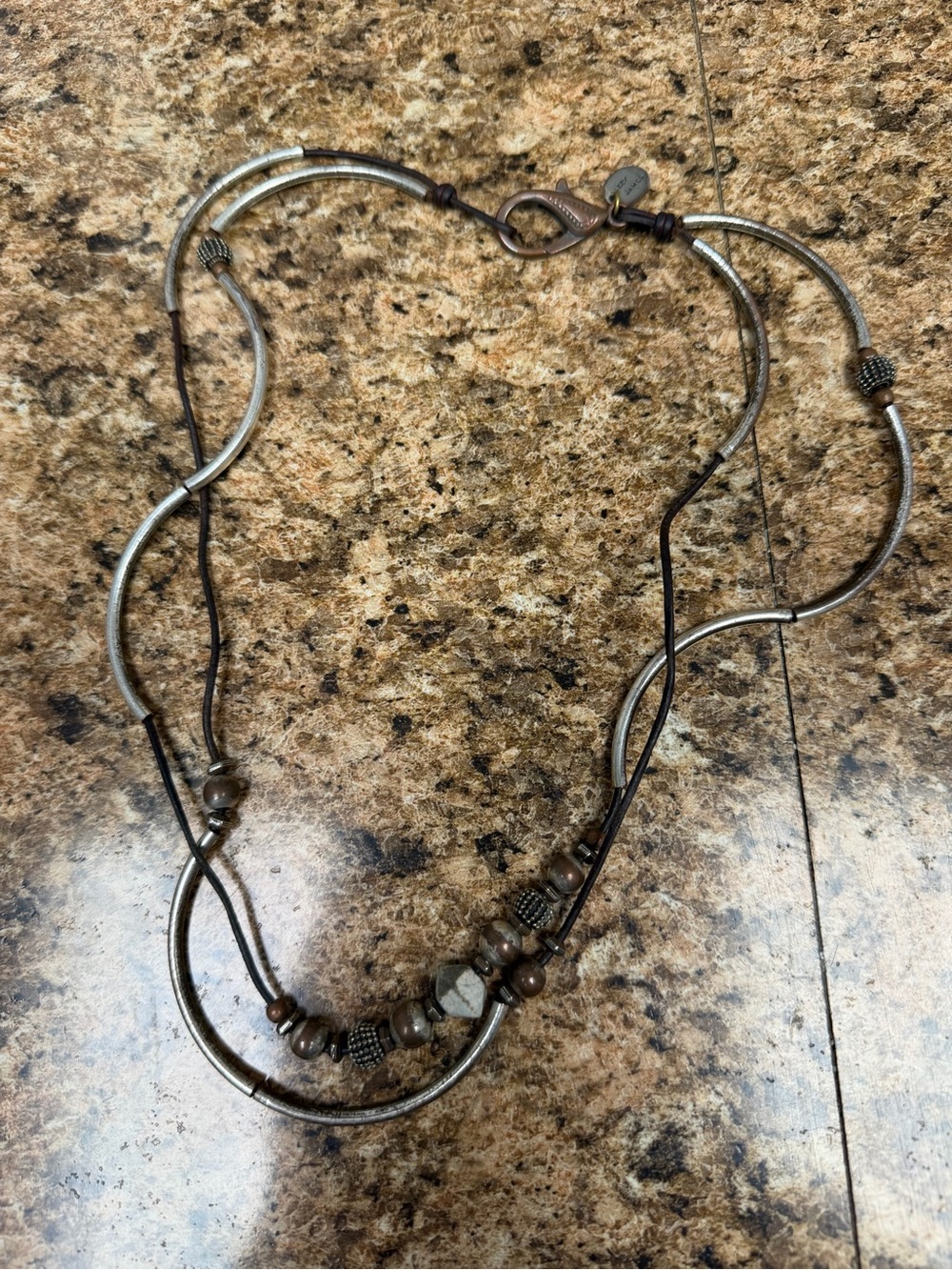Lizzy James Leather Silver Tone Multi Strand Beaded Necklace Boho 20” USA